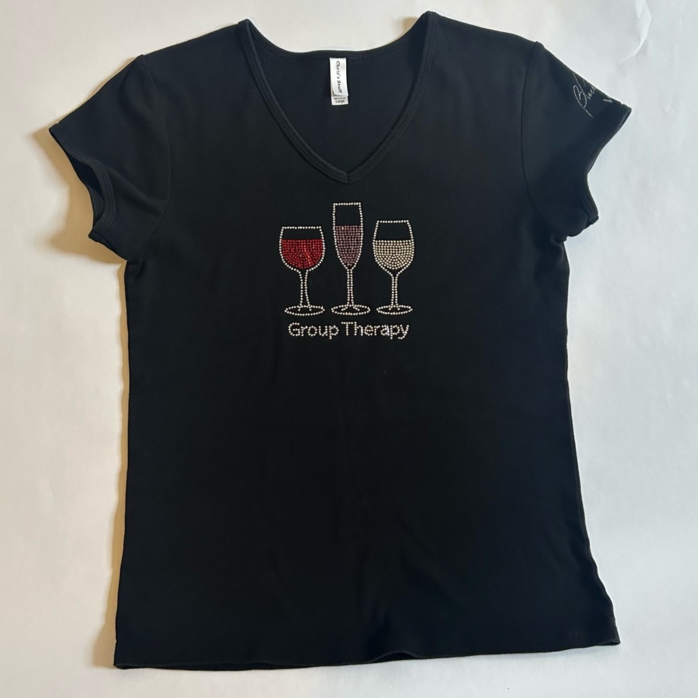 Chris’s Stuff Group Therapy Wine Cocktails Bling Black T-shirt Women’s Large
